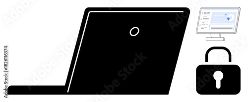 Black laptop silhouette beside padlock symbol and screen showing security interface. Ideal for cybersecurity, online safety, data protection, IT management, privacy, secure networks, minimalistic