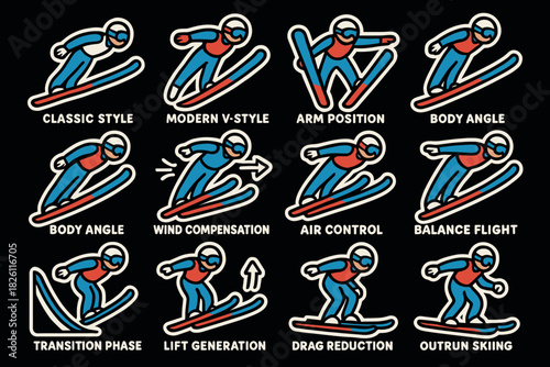 Ski jumping techniques icon set featuring diverse poses and movements in bold colorful style
