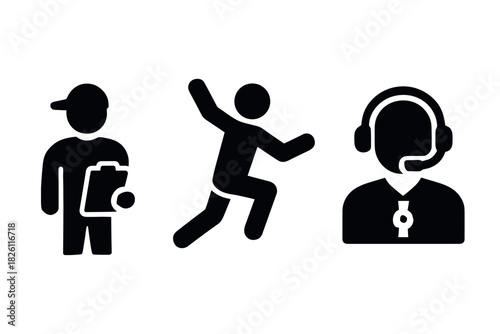 Minimalist silhouette icons of delivery worker, athlete, and customer service representative