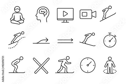 Minimalist icons: meditation, skiing, video, and fitness line art set