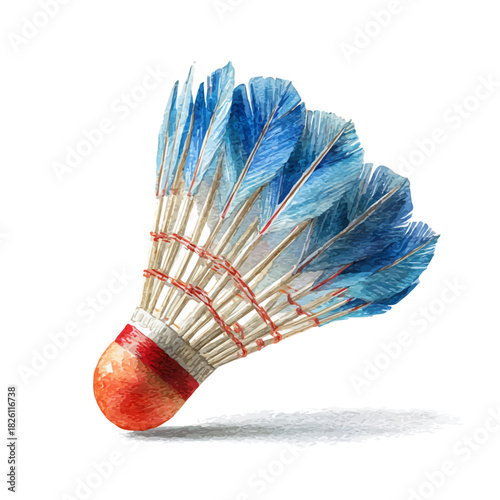 Watercolor illustration of Shuttlecock, vector artwork, isolated on white background.