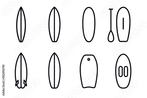 Minimalist surfboard and paddle icons collection