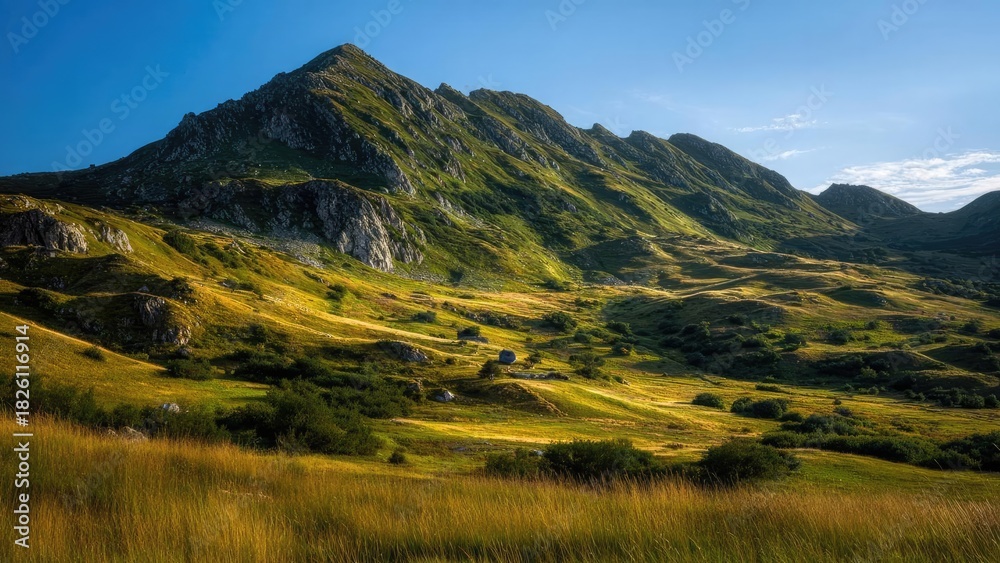 Obraz premium Sunlit green valley with rolling meadows and rugged rocky mountains under a clear blue sky. Concept Sunlit valley panorama, Rolling green meadows, Rugged rocky mountains