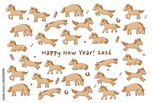 2026年午年の年賀状(ゆるかわいい馬模様)