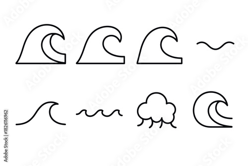 Minimalist wave and cloud line icons for weather and nautical themes