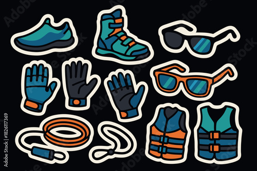 Outdoor adventure gear stickers featuring boots, sunglasses, gloves, rope, and vests