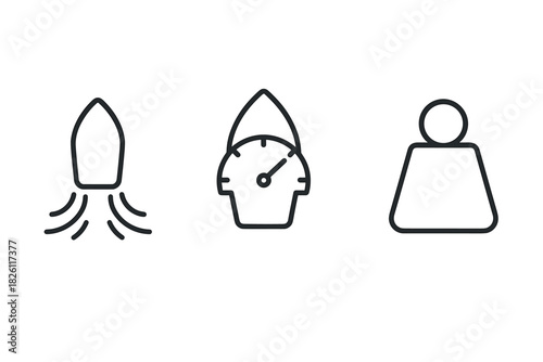 Simple icons of rocket launch speedometer and weight in minimalist line style