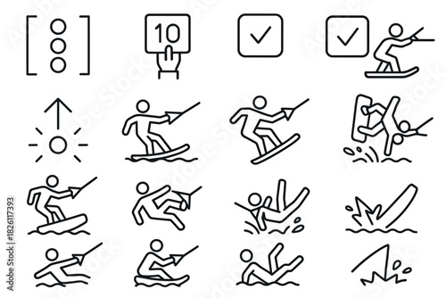 Doodle icons of water sports and activities with highlighted choices