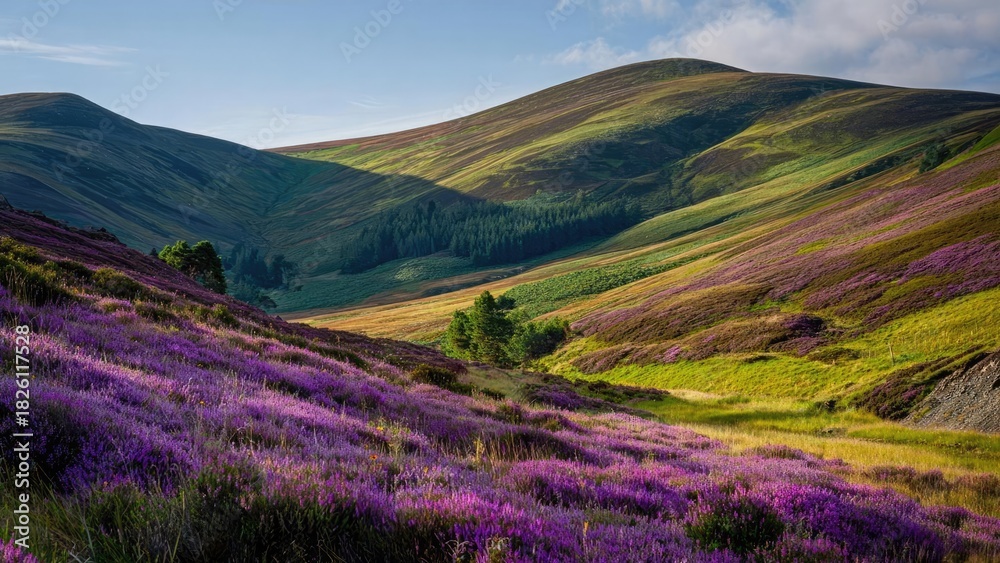 Obraz premium Purple heather covers rolling green hills in a valley, with a small cluster of trees and distant mountains under a blue sky. Concept Purple heather on rolling hills, Valley landscape with trees