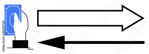 Financial transactions concept. Symbolic icons of a hand holding money with two arrows indicating flow and exchange. Financial transactions for commerce, banking, trade, e-commerce, and payment