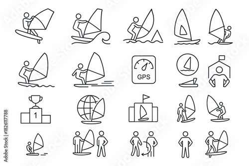 Sailing and windsurfing linear icons set featuring simple nautical illustrations