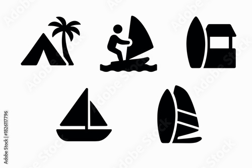 Silhouette beach icons: camping, surfing, sailing, and boating in black