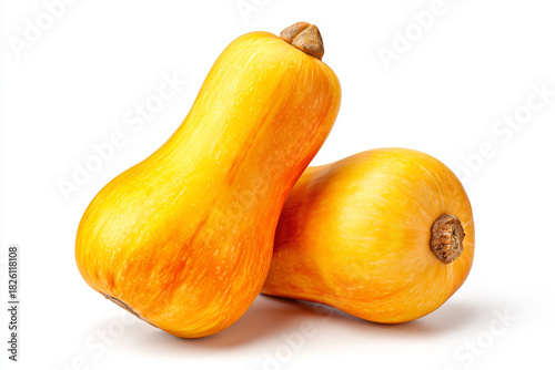 Two vivid yellow butternut squash sit against a clean white backdrop, showcasing smooth skin and curved shapes. Perfect for food, groceries, health, and seasonal recipes and farmers market themes.