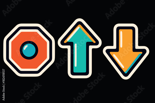 Colorful arrow and stop sign stickers on dark background