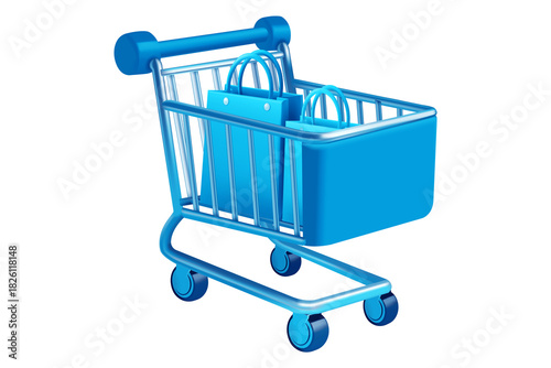 3D Shopping Cart with Blue Bags, E-commerce and Online Store Icon, Isolated on Transparent Background, PNG