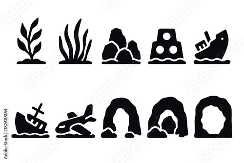 Silhouette icons: marine life, wrecks, and coastal landscapes