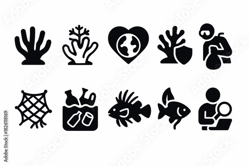 Environmental conservation icons: marine protection, recycling, pollution awareness