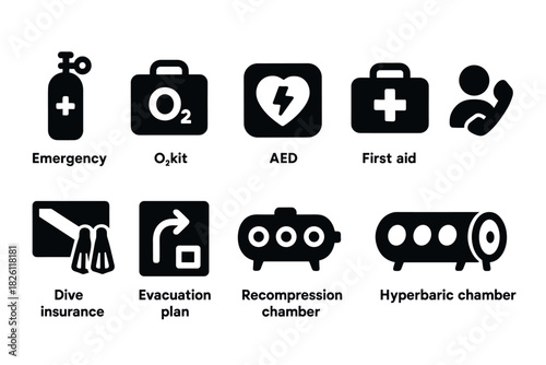 Emergency and safety icons set featuring medical and rescue equipment