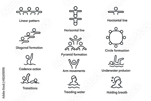 Swimming techniques depicted in modern linear icons for training guides and tutorials