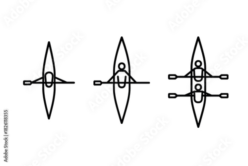 Minimalist linear canoeing and kayaking icons in black and white