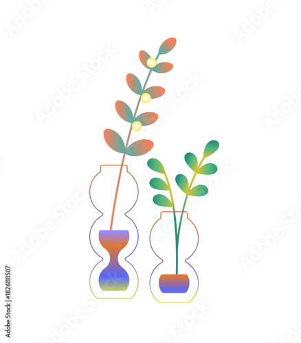 Modern glass vases with green branches. Geometric shape transparent pots with water and twig with leaves in gradient style. Spring plants, floral decoration. Flat isolated vector illustration on white
