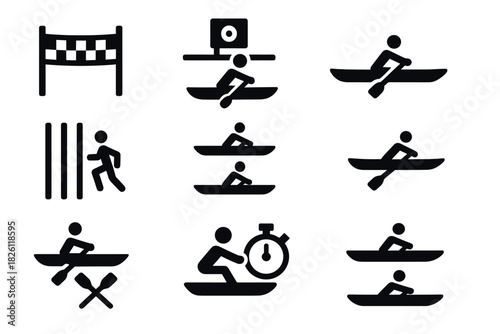Set of sport icons featuring rowing and kayaking activities in a minimalist style