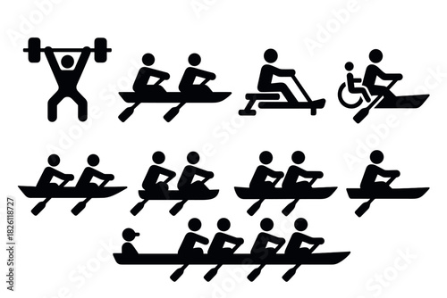 Silhouette icons of rowing and weightlifting activities in inclusive sports design