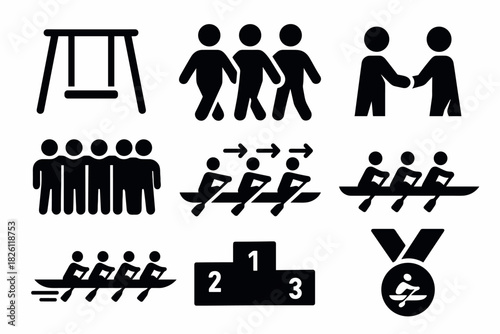 Teamwork icons: collaboration and sports silhouettes in black and white