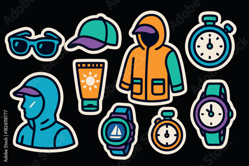 Outdoor gear stickers with sport watches and sunglasses in vibrant cartoon style