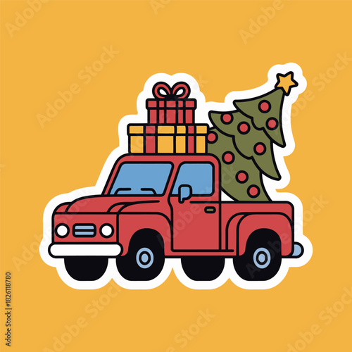Red Pickup Truck with Christmas Tree and Gifts