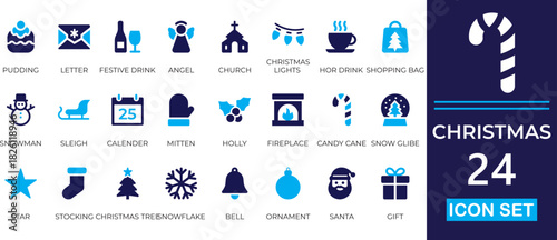 Christmas icon solid set featuring festive decorations, gifts, tree, ornaments, snowflakes, celebrations, and holiday-themed symbols for seasonal designs.