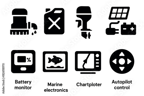 Marine electronics icons: battery, motor, solar panels, autopilot control in bold silhouette style