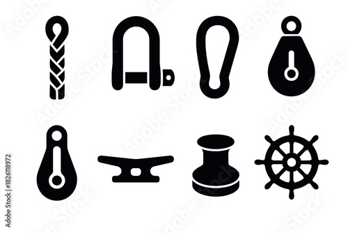 Nautical equipment icons: flat silhouette collection for marine themes