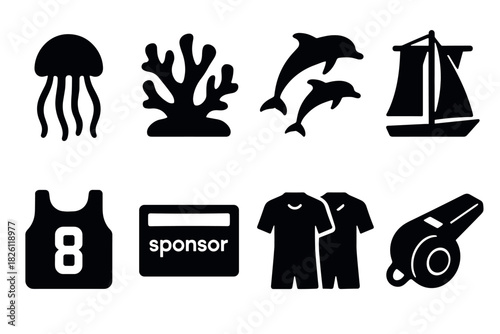 Black silhouette icons of marine life and sports elements