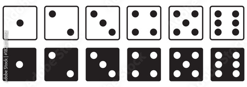 Dice graphic icons set. White, black game dice cubes from one to six dots. Gambling objects to play in casino, poker. Six faces of cube. Traditional die with numbers of dots from 1 to 6. 