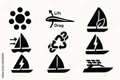 Silhouette icons: sailboats, solar energy, and aerodynamics symbols