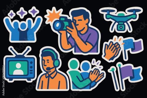 Colorful media icons set with people and technology elements
