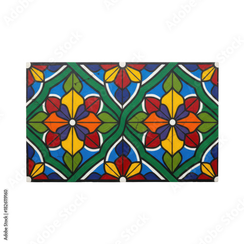 Vibrant geometric stained glass window pattern with floral motifs and bright colors