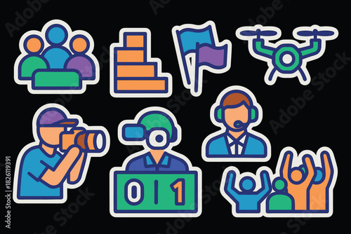 Colorful digital lifestyle icons set on black background for modern tech themes
