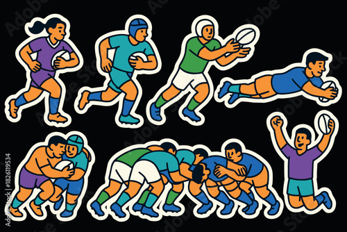 Vibrant rugby action stickers featuring players and team dynamics