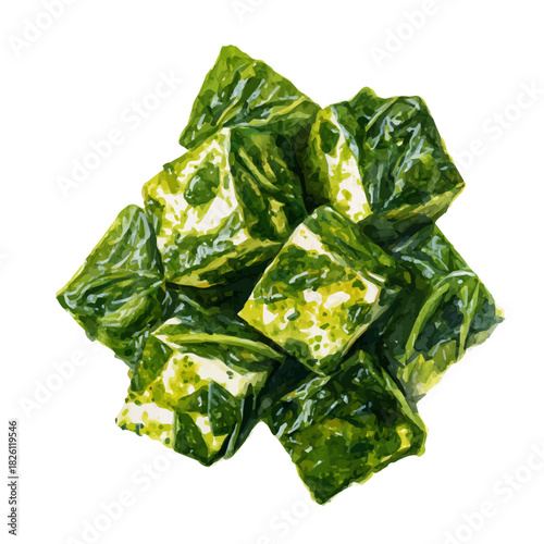 Watercolor painting of Saag Paneer, vector illustration, isolated on white background.