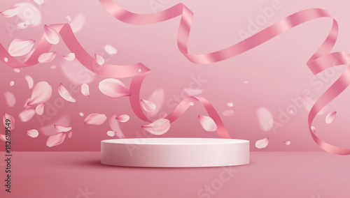 Vector Illustration Pink Petals Ribbon Background Podium Display
