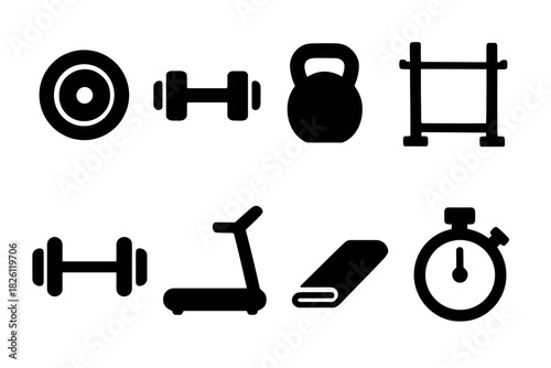 Minimalist fitness icons set: dumbbells, kettlebell, equipment, stopwatch