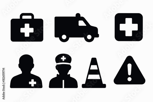 Medical emergency icons: silhouette style for healthcare and safety needs