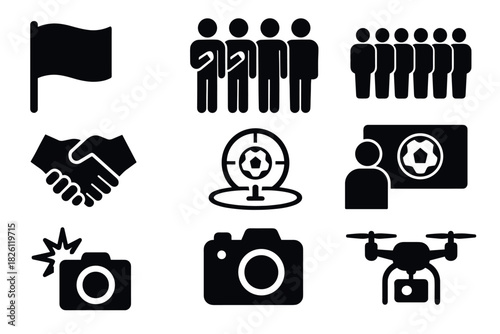 Essential silhouette icons: flag, camera, drone, handshake, people, target