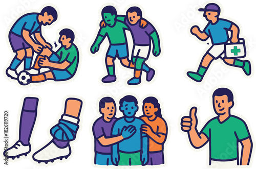 Cartoon soccer injuries and first aid stickers featuring players and medical staff