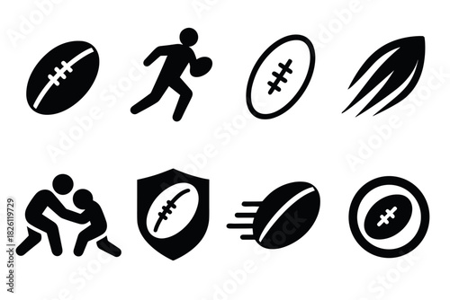 Simple black silhouette icons of rugby and wrestling actions and symbols