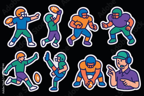 Colorful cartoon style american football players and coach with equipment