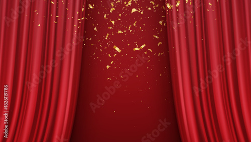 Vector Illustration Background Red Curtain Stage With Gold Confetti And Celebration Theme For Event
