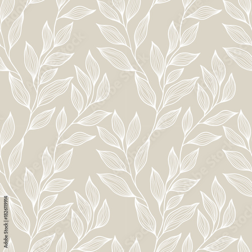 Seamless Botanical Pattern with Delicate White Leaves Illustration Background, Elegant Beige Vector, Perfect for Nature-Themed Designs, Wallpapers, Textiles, or Creative Projects